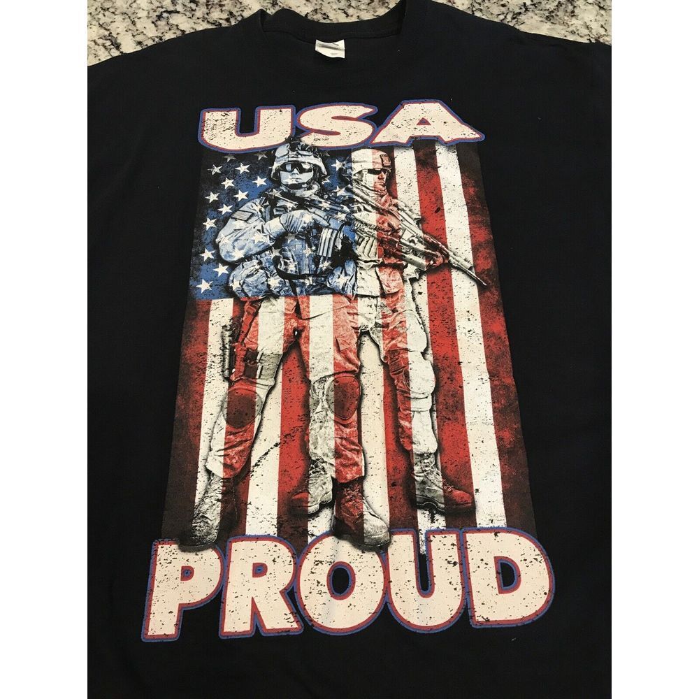 🇺🇸 USA‎ PROUD AMERICA Military Black Cotton T Shirt Size XL Best Tag